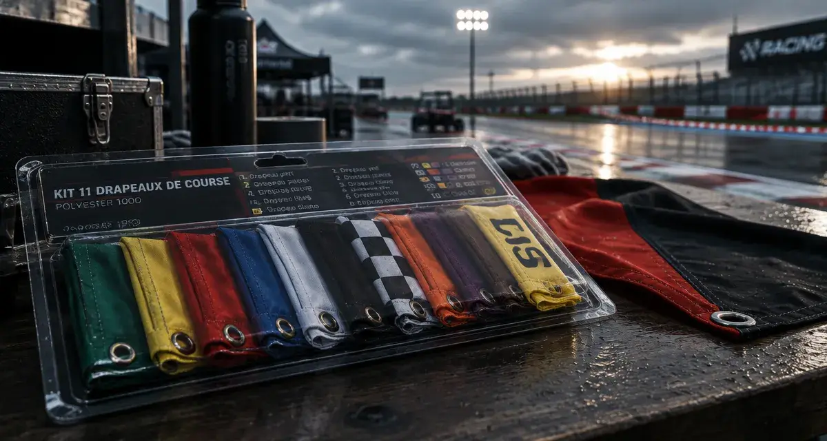Drapeau course automobile : kit 11 pièces en polyester, blister transparent