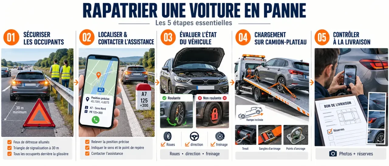 Illustration des étapes pour faire rapatrier sa voiture en panne, de la mise en sécurité au contrôle à la livraison