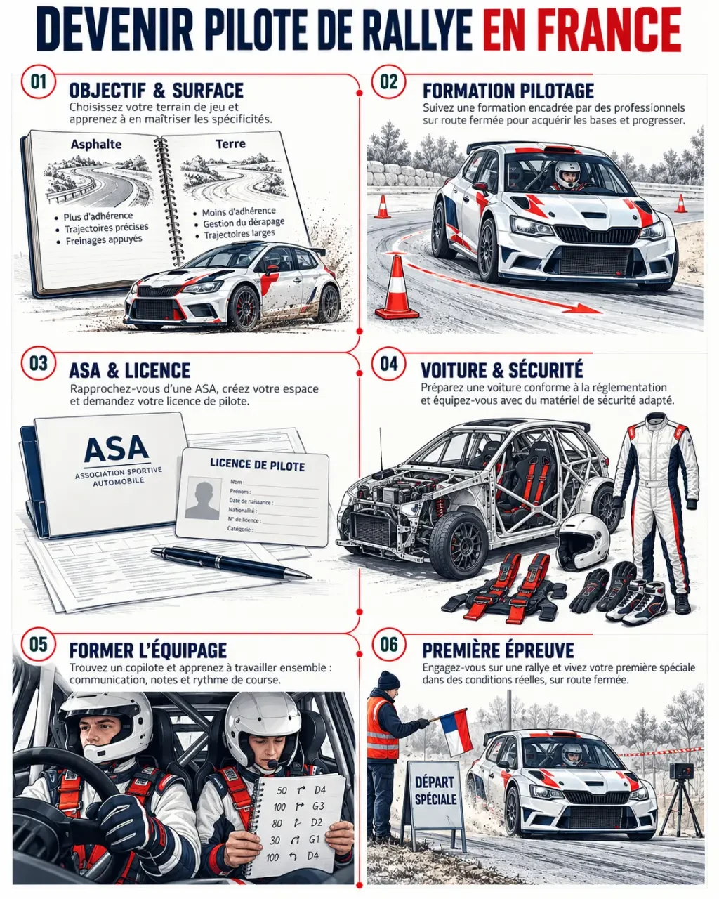 Parcours illustré pour comprendre comment devenir pilote de rallye, de la formation à la première course