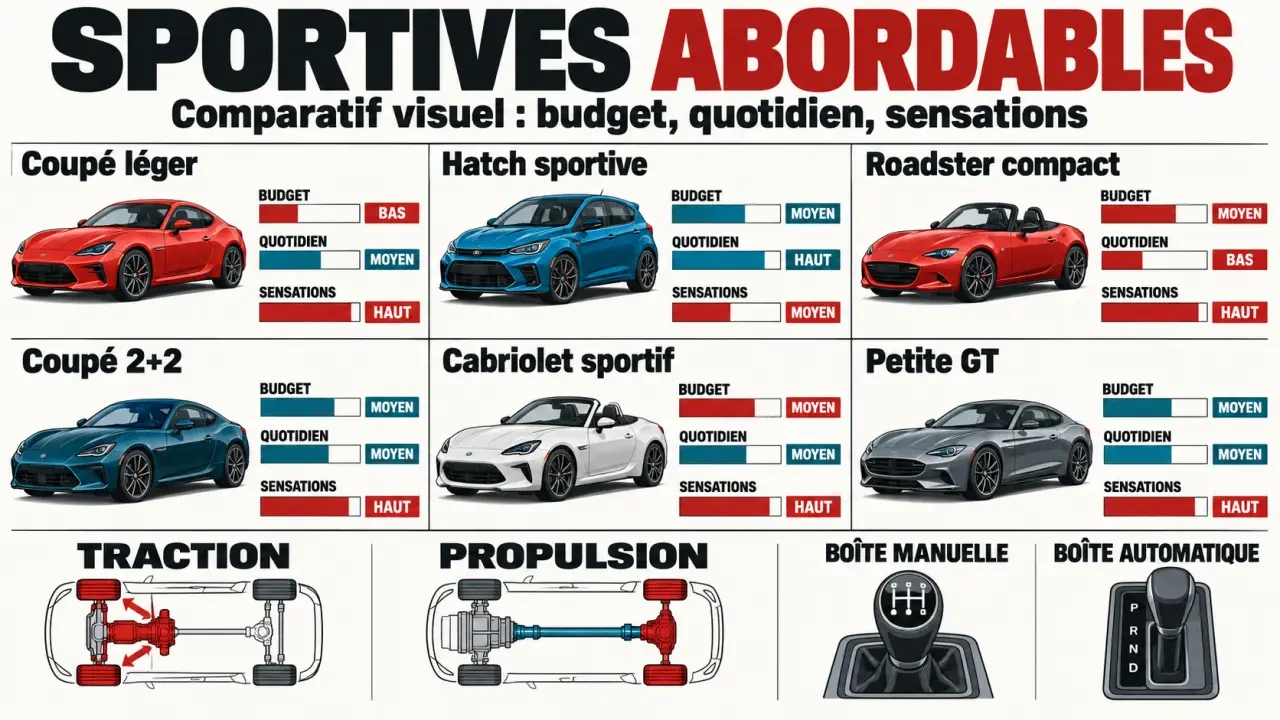 Infographie comparative pour choisir une voiture sportive abordable selon le budget et l'usage