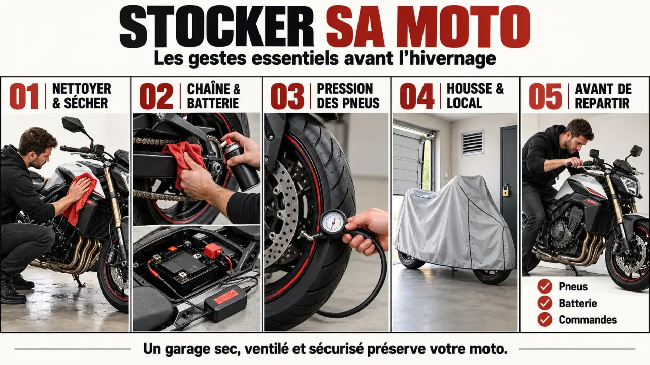 Étapes de stockage moto avant un hivernage dans un garage sec et ventilé