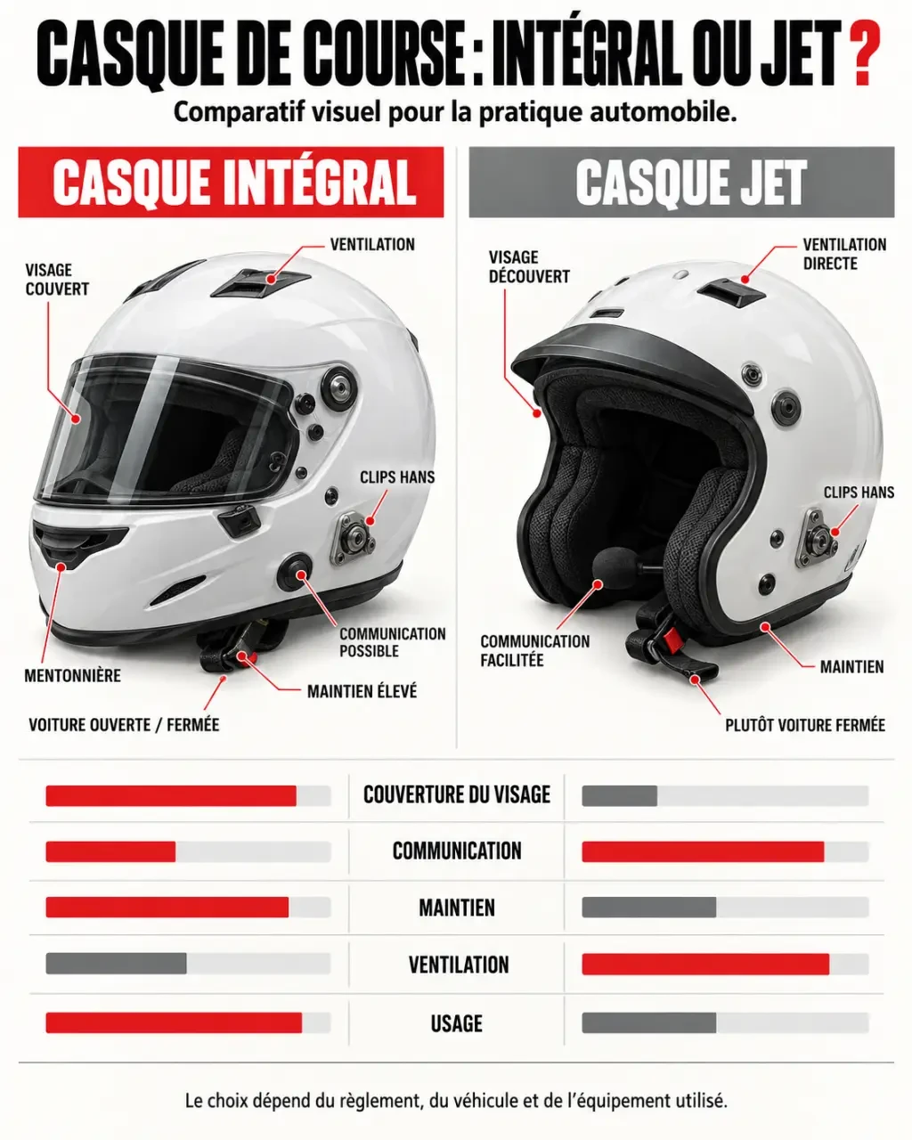 Casque de course automobile intégral et jet comparés selon la protection du visage et la compatibilité HANS