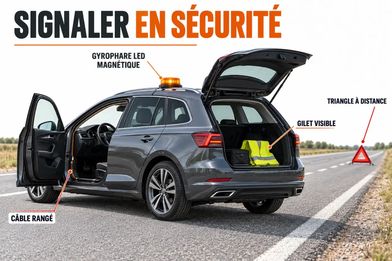 Gyrophare voiture orange LED installé sur le toit avec triangle de présignalisation
