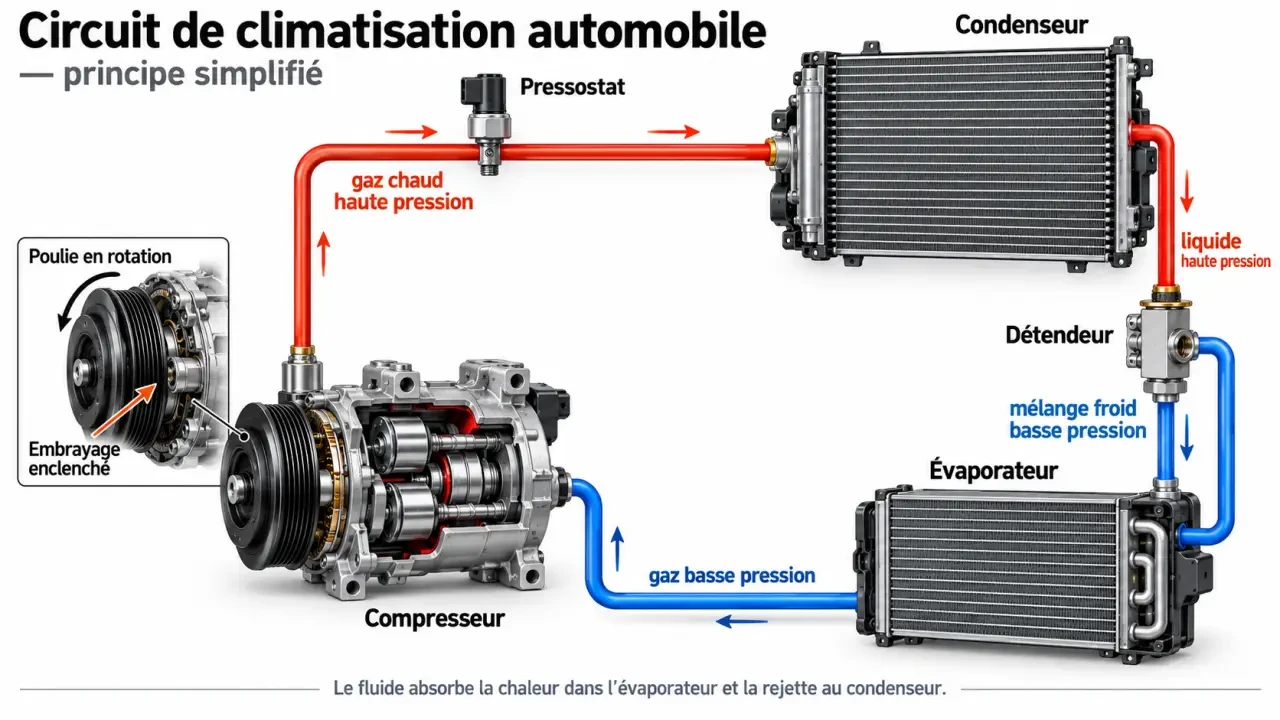 Schéma des symptômes d’un compresseur clim HS et des éléments du circuit de climatisation automobile