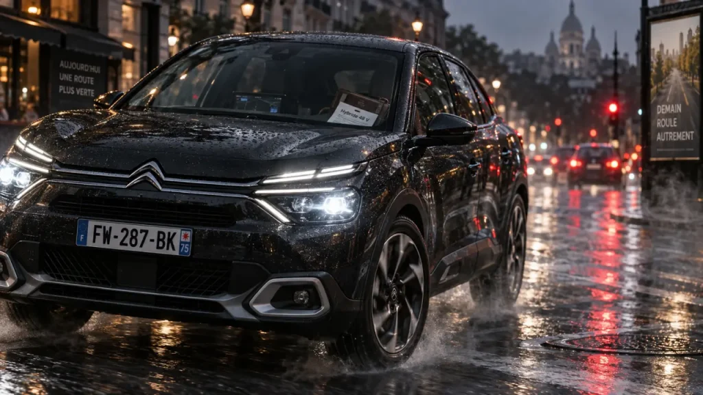 Nouvelle c4 hybride 2025 noire, ville humide, 4,7 l/100 km