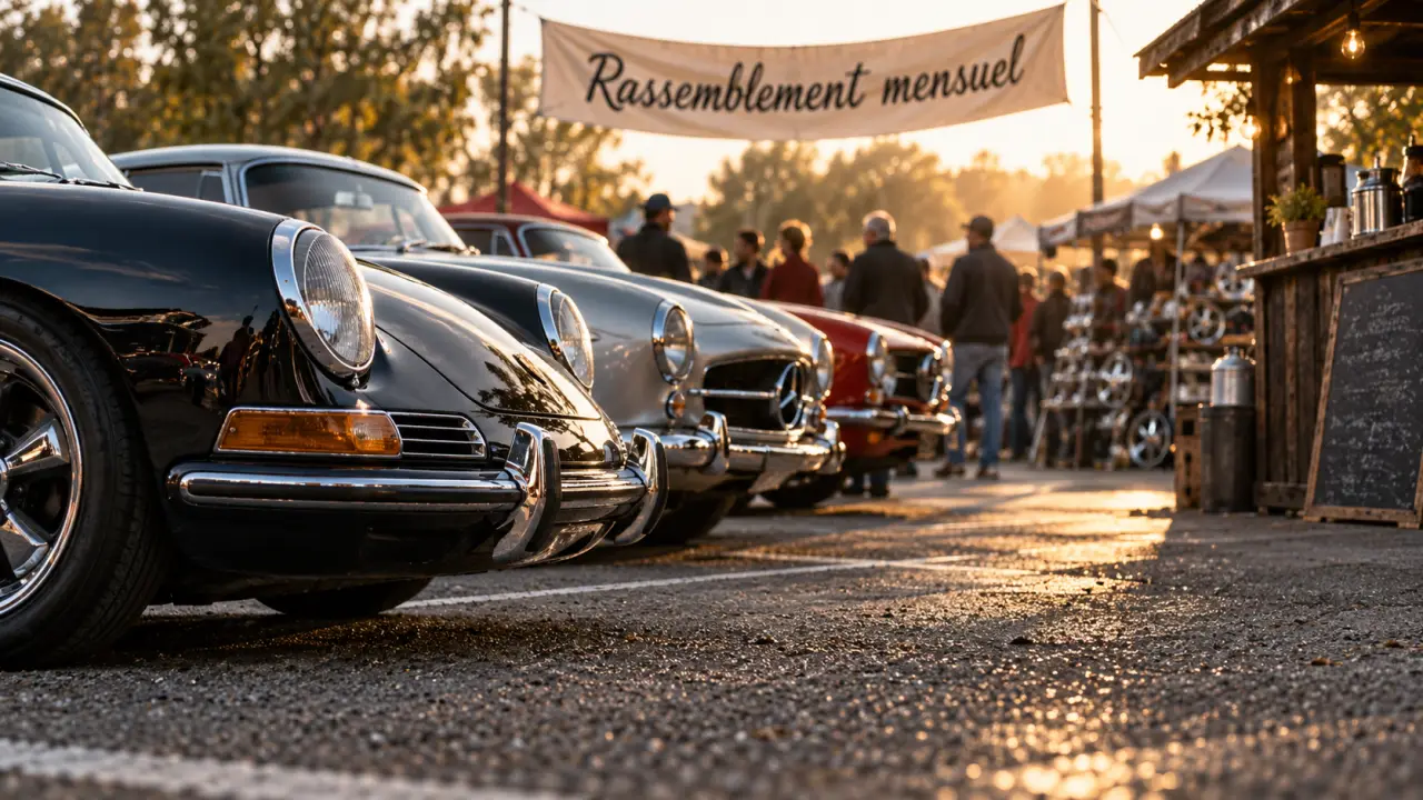 Rassemblement auto mensuel : voitures anciennes sur parking