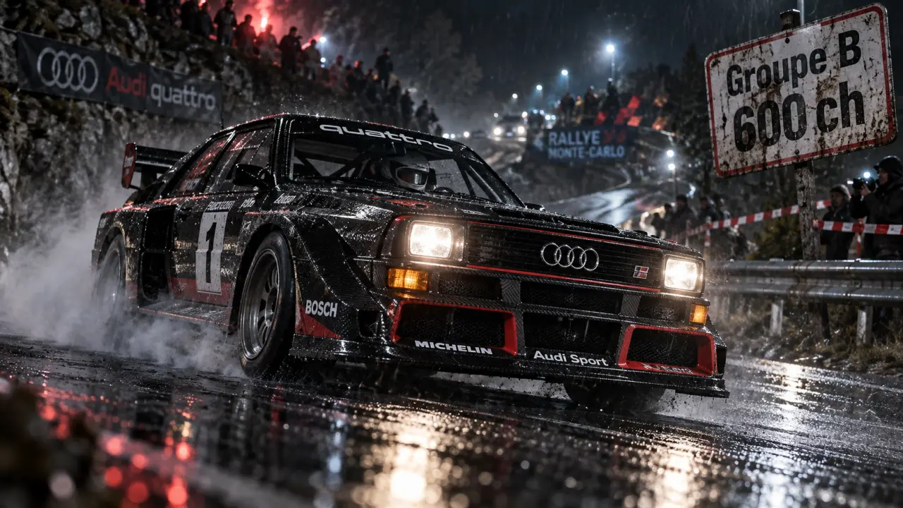 Voiture groupe b Audi Quattro Sport E2 600 ch sur asphalte mouillé